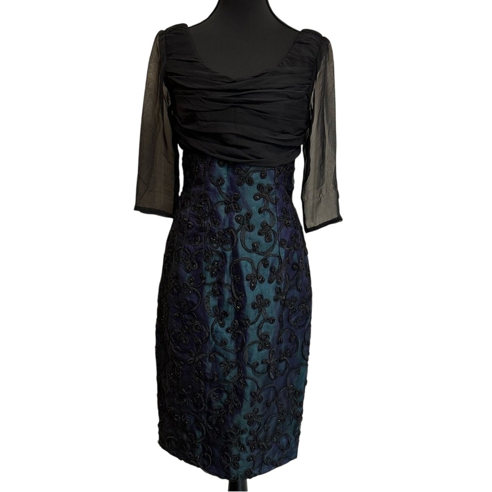Vintage Cocktail Dress Womens XS Iridescent Teal Black Beaded Ruched Sheath MOTB